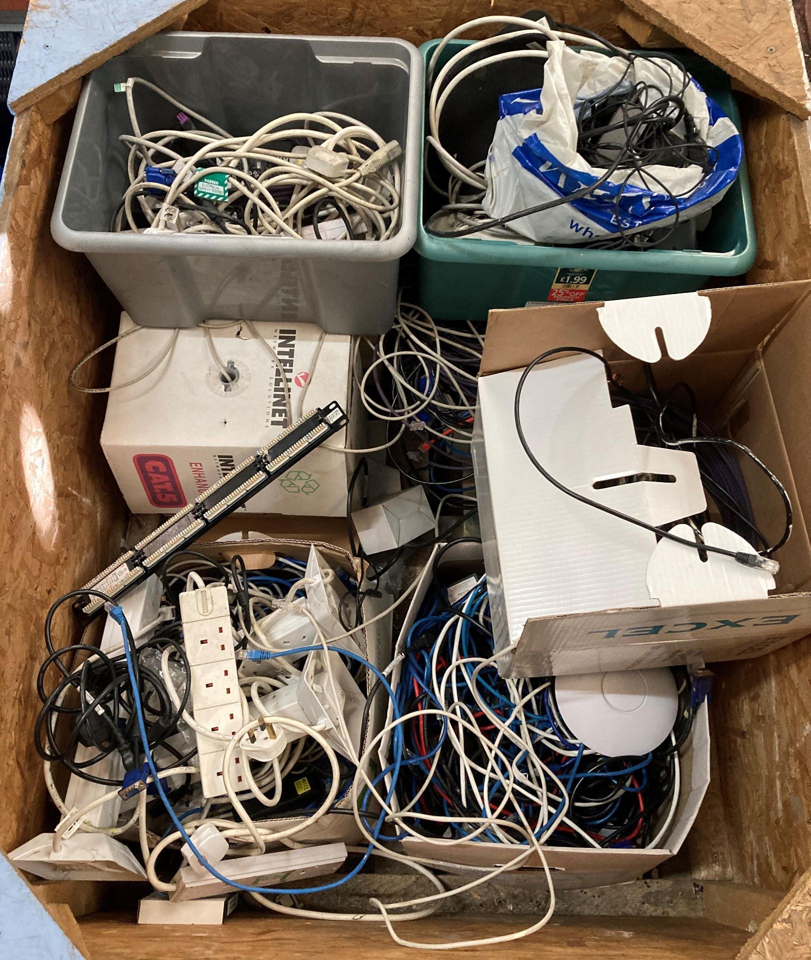 Contents to crate - assorted extension leads, power cables, cat five,