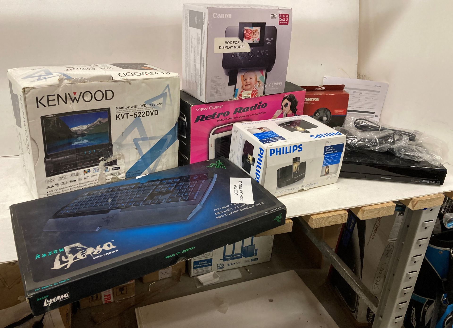 Mixed lot of 7 items to include Kenwood Monitor with DVD receiver, gaming keyboard,