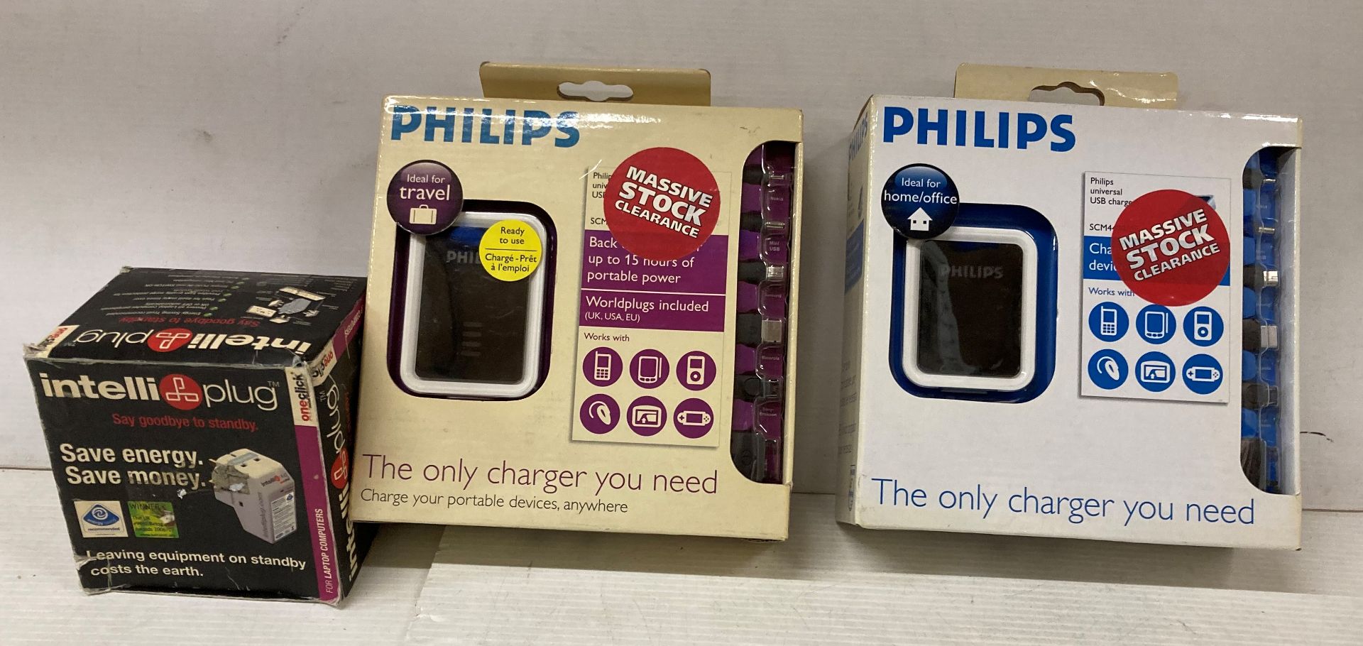 22 x assorted items to include Intelli plugs, Philips multi chargers,