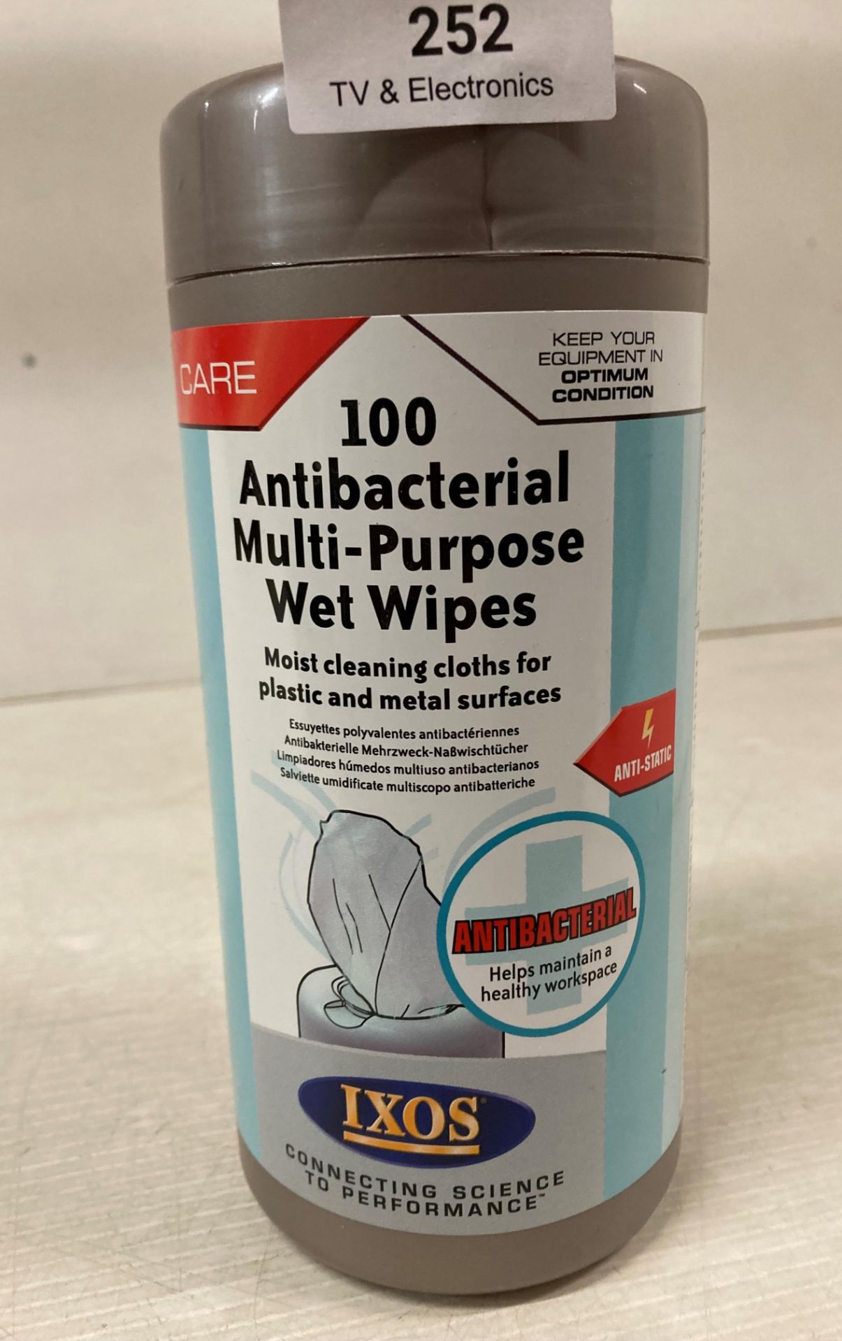 Contents to crate - 47 x tubs of IXOS Antibacterial multi-purpose wet wipes (G08 FLOOR)