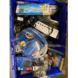 Contents to blue crate - power cables, Hama products to include 4-way USB ports, laser pointers,