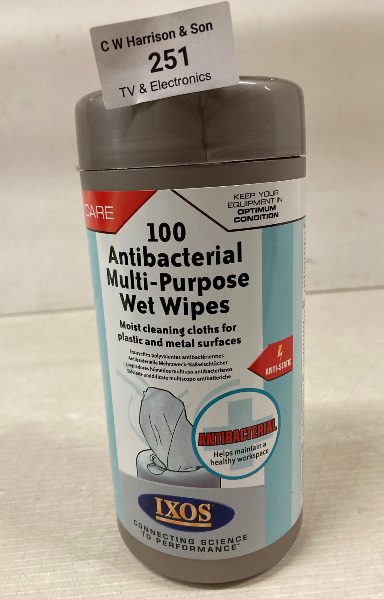 Contents to crate - 40 x tubs of IXOS Antibacterial multi-purpose wet wipes (G08 FLOOR)
