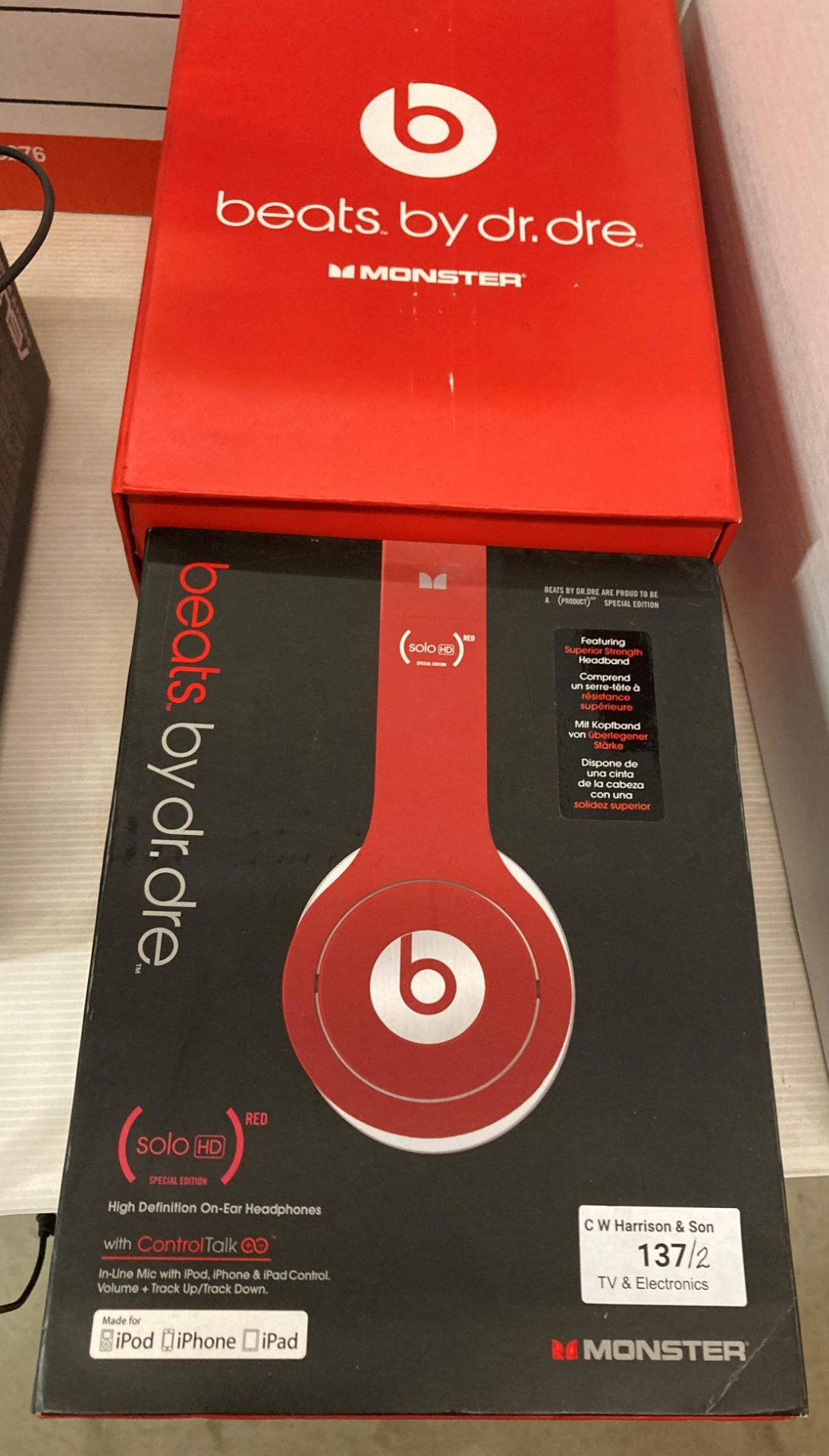 2 x pairs of Beats by Dr Dre Monster headphones (boxed - no chargers) (saleroom location: H10)