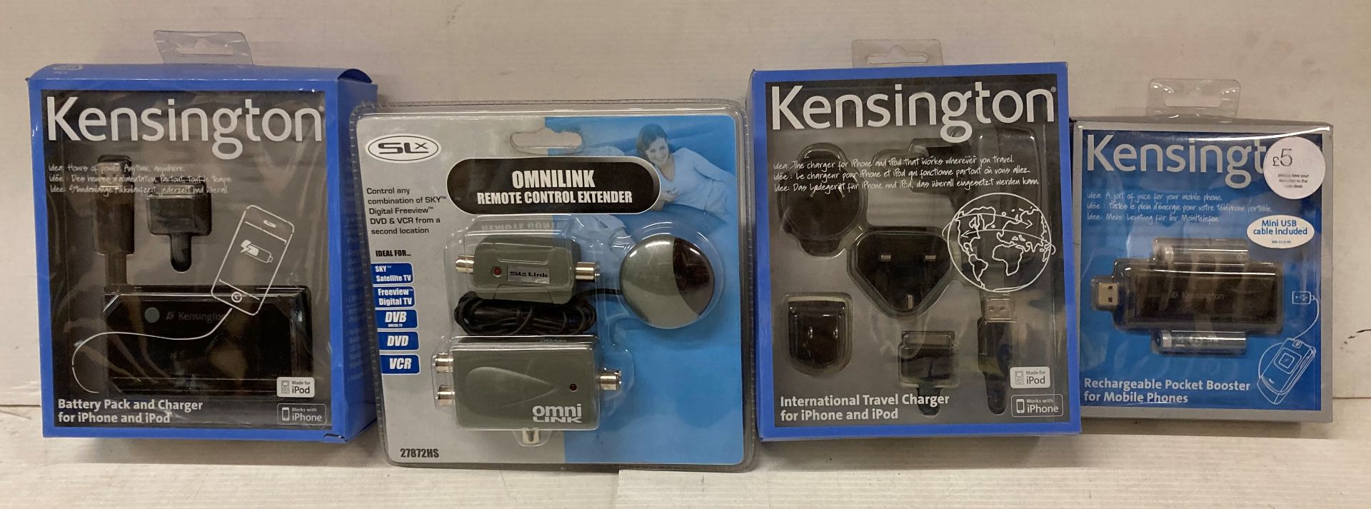 19 x Kensington and Omnlink remote control extenders, battery pack and chargers for iPhone/iPads,