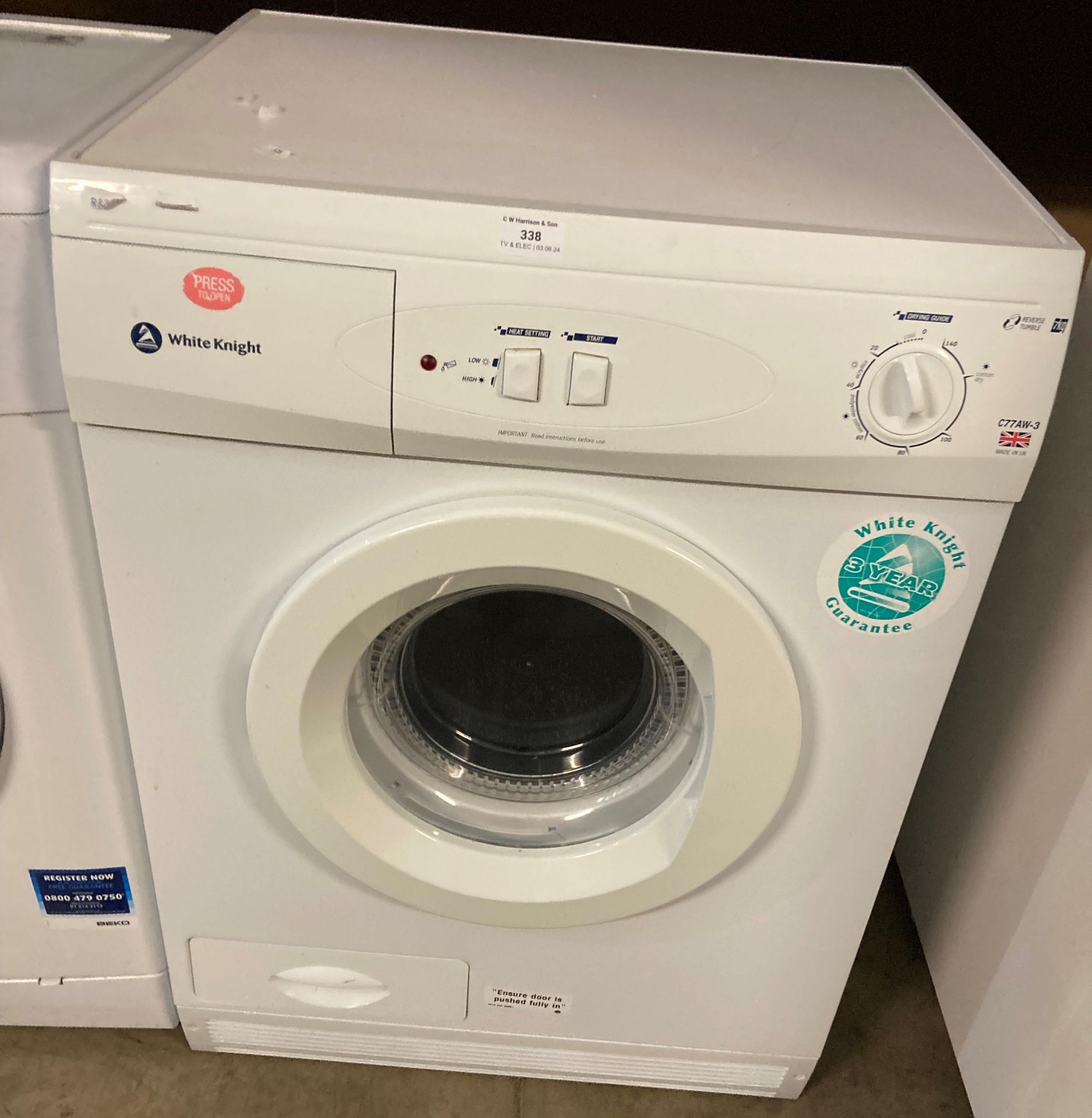 White Knight C77AW-3 tumble dryer (not run) (PO)