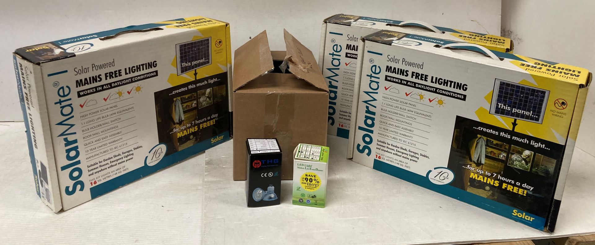 3 x Solarmate solar powered mains free lighting and a box of small LED bulbs (saleroom location: