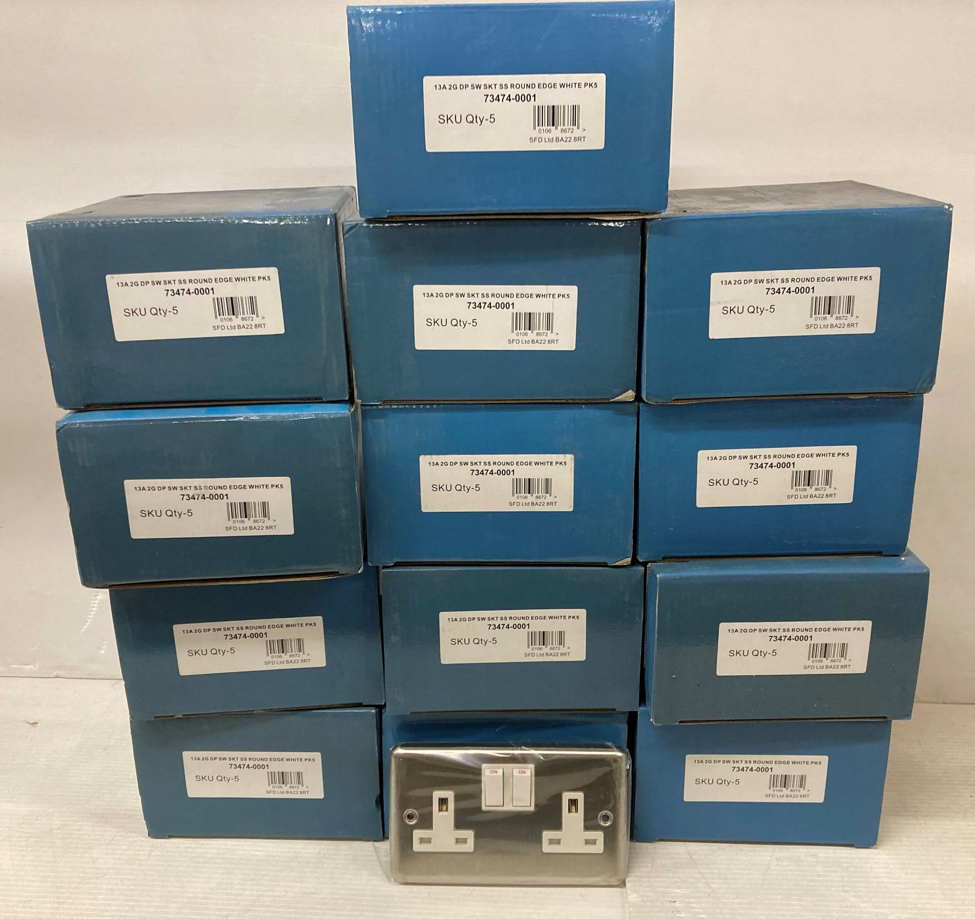 13 x boxes of 13 Amp 2 Gang wall sockets in stainless steel (45 units) (E06) Further