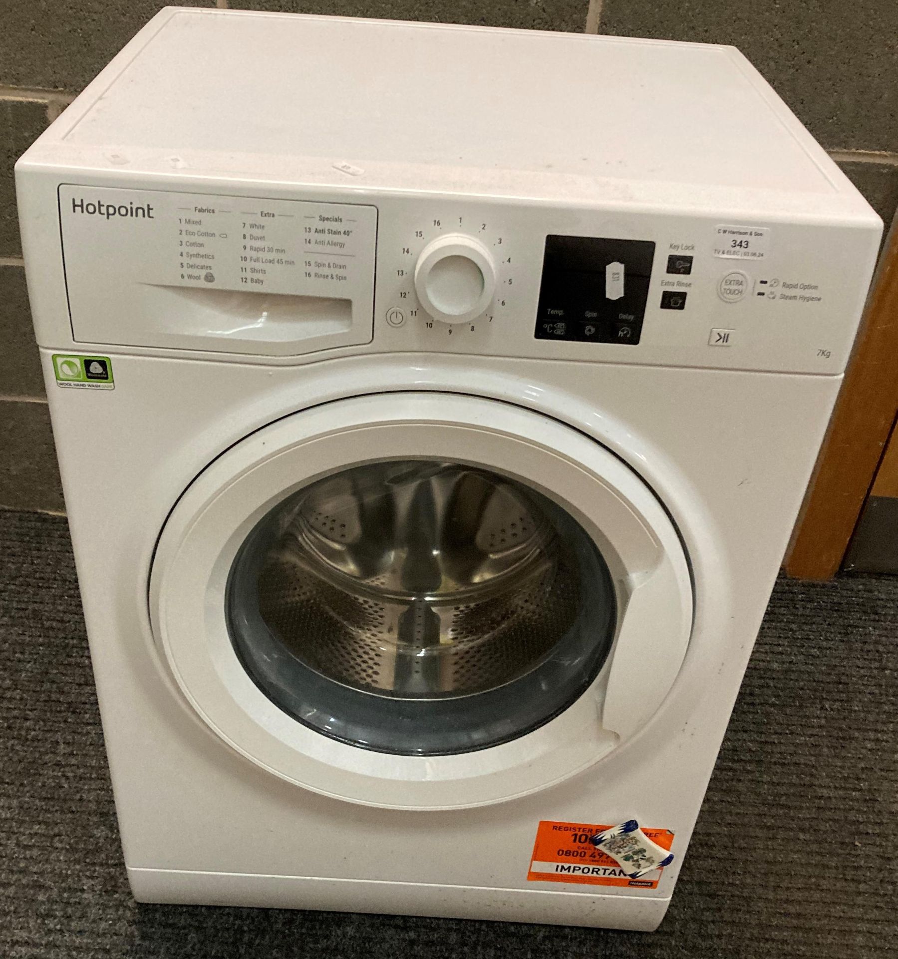 Hotpoint 7kg washing machine - not run (PO)