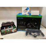 5 x assorted items to include Texas Hold'em poker set, Logitech XBOX ONE G920 Racing Wheel,