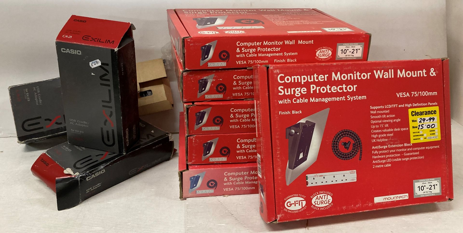 6 x computer monitor wall mount & surge protectors and 3 x Casio USB Cradles/AC Adaptors (saleroom