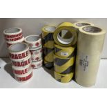 10 x rolls yellow and black hazard tape, 13 x rolls assorted fragile security sealed packing tape,