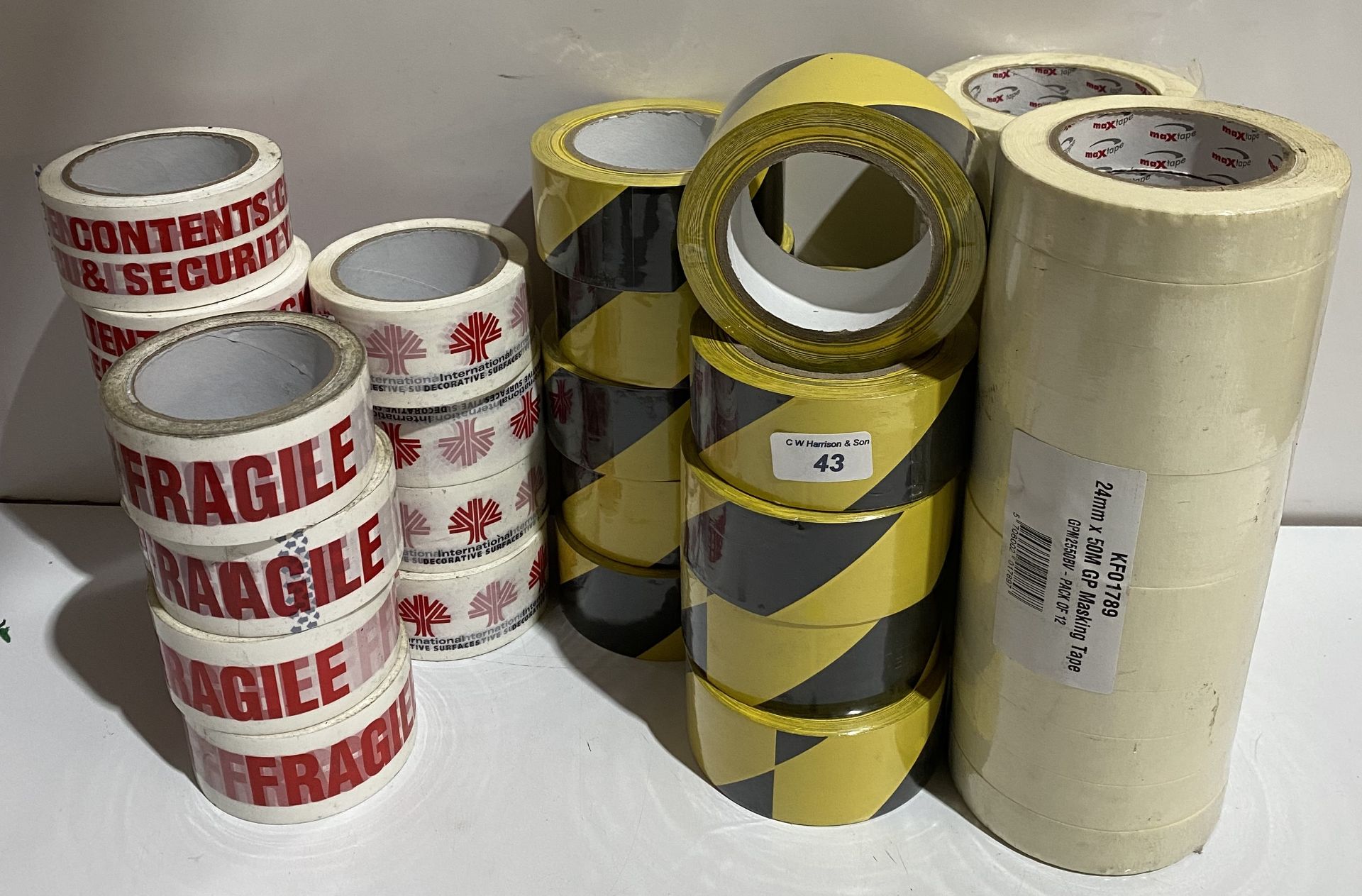 10 x rolls yellow and black hazard tape, 13 x rolls assorted fragile security sealed packing tape,