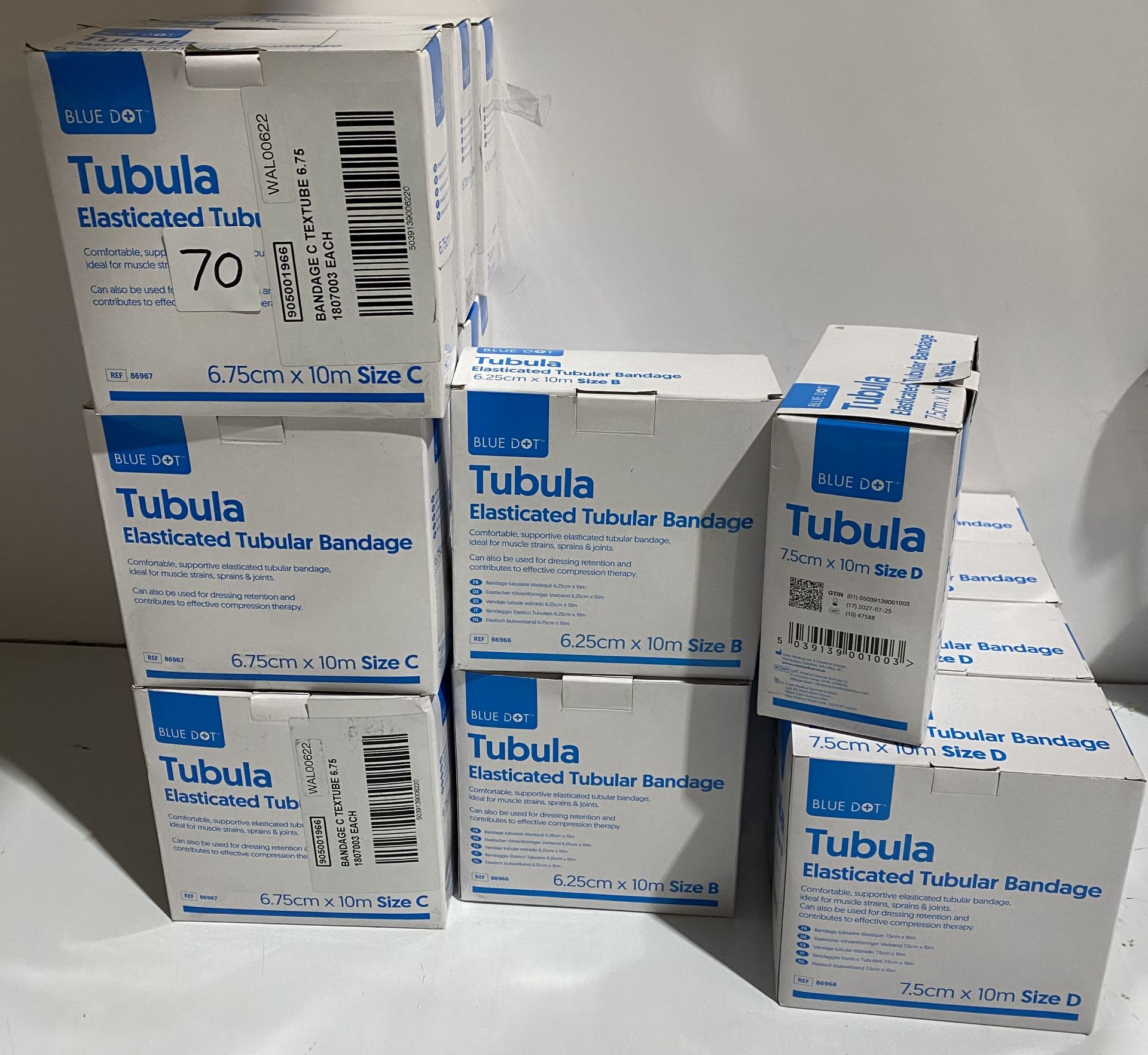 Tubular elasticated support bandage 12 size C 6.75cmx10m (date 20.08.26), 5 x size B 6.