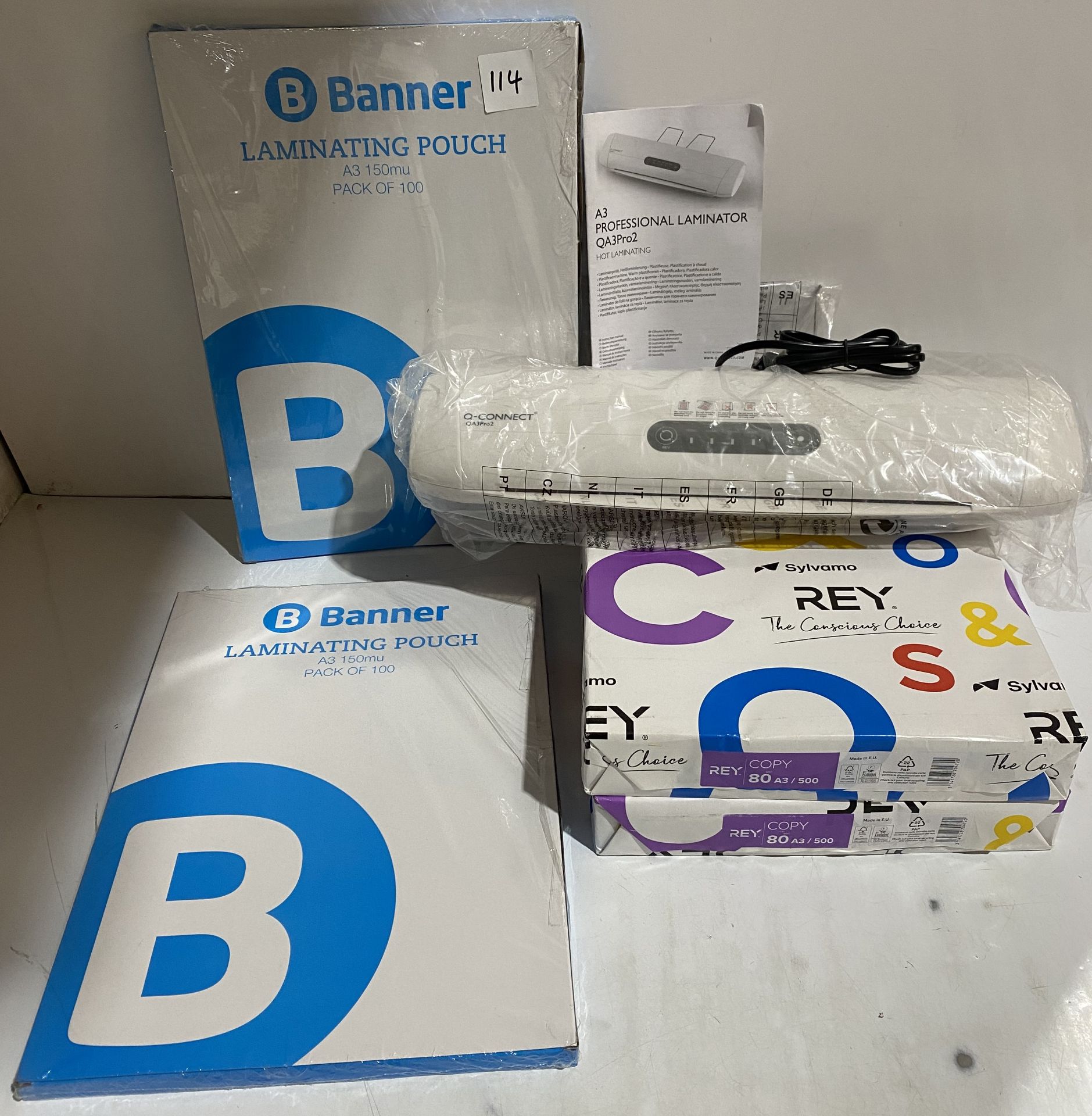 1 x new Q-Connect A3 laminator, 2 x packs of 100 A3 150mic laminating pouches,