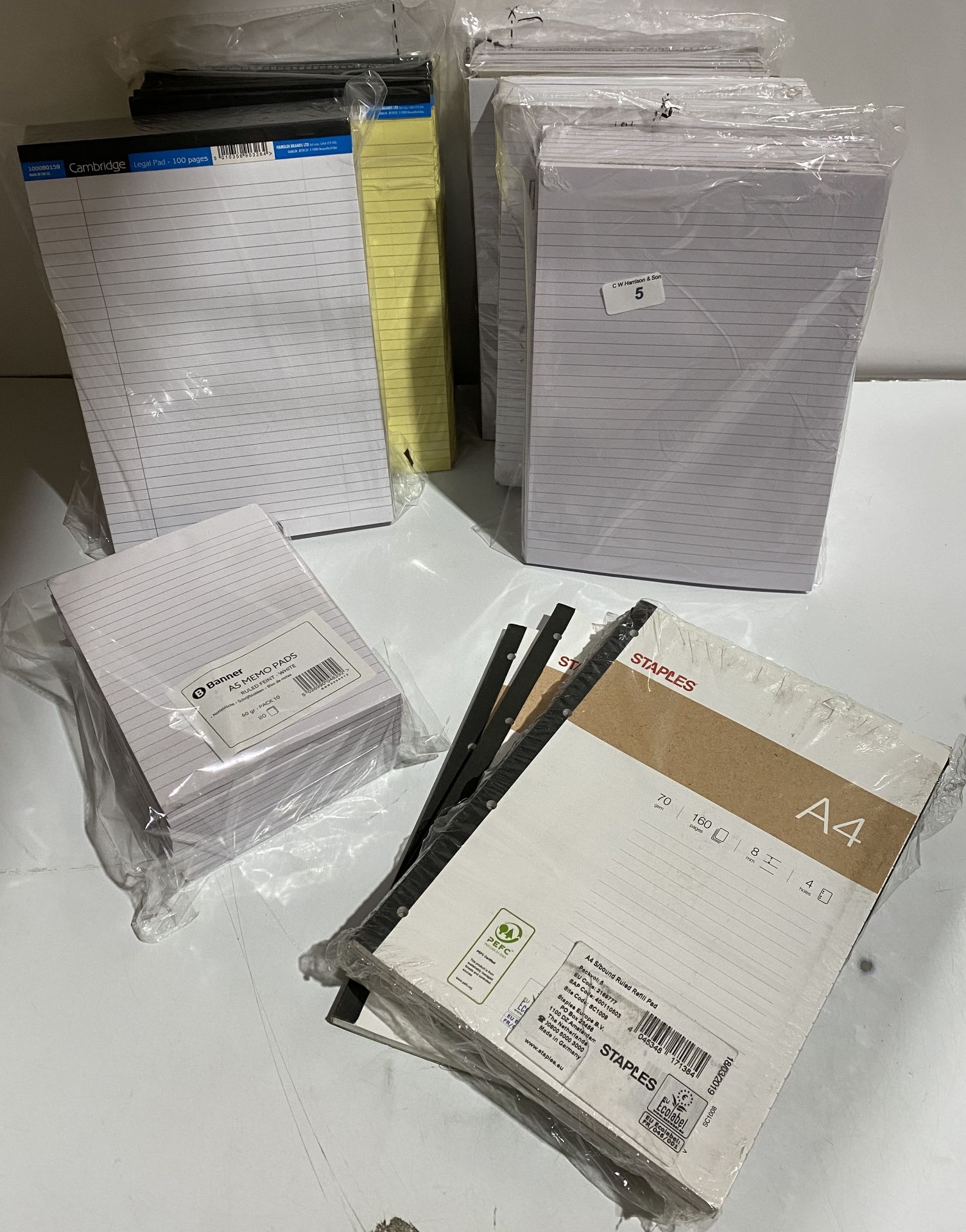 10 x A4 yellow Cambridge legal refill pad 100 page each, 30 x A4 memo 80 page refill pad ruled,