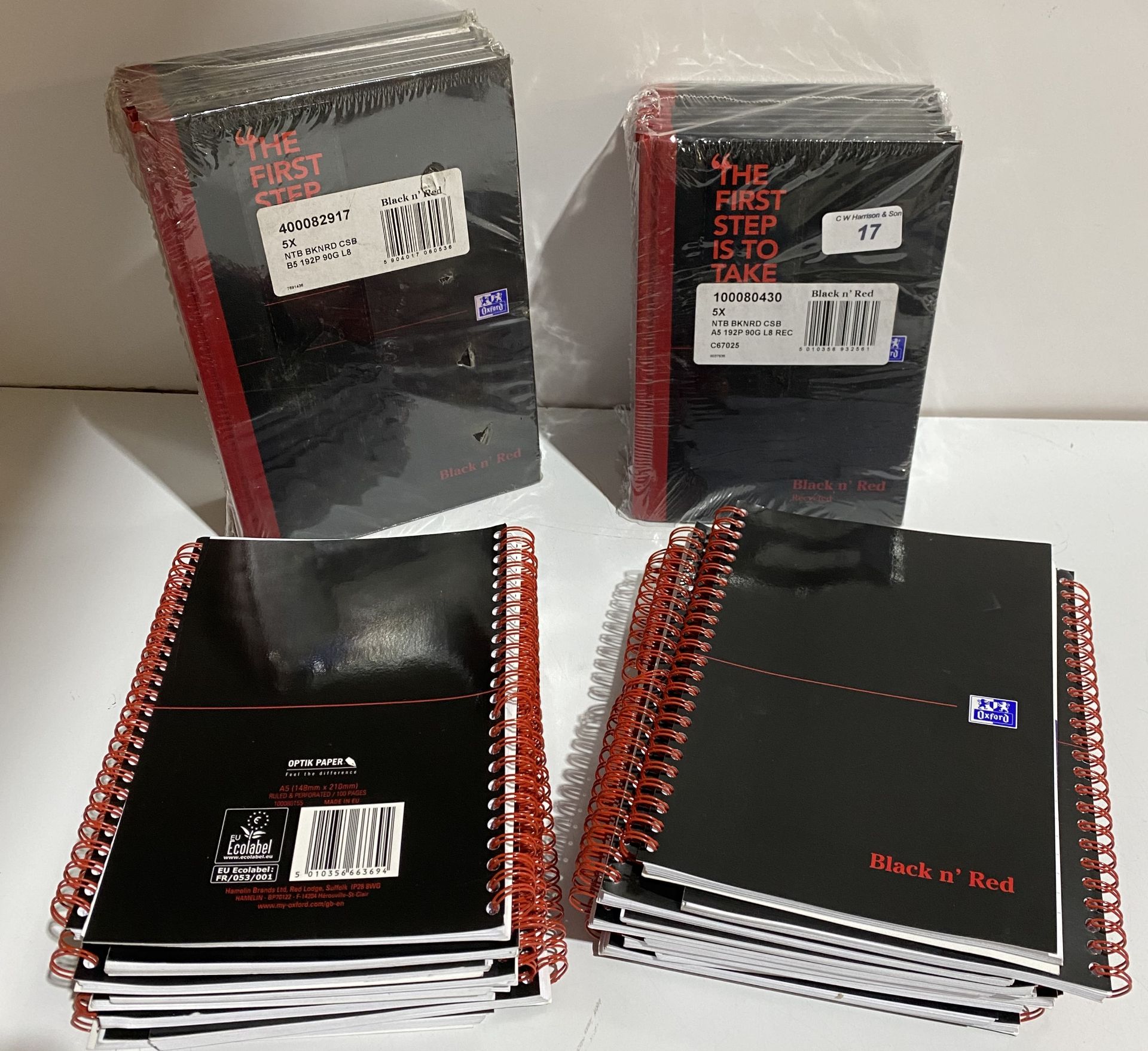 5 x Black 'N' Red hard back 35 note book 192 page lined 176x250mm,
