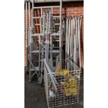 Aluminium scaffold tower comprising of six 'H' frames, 2 x outriggers, walk board,