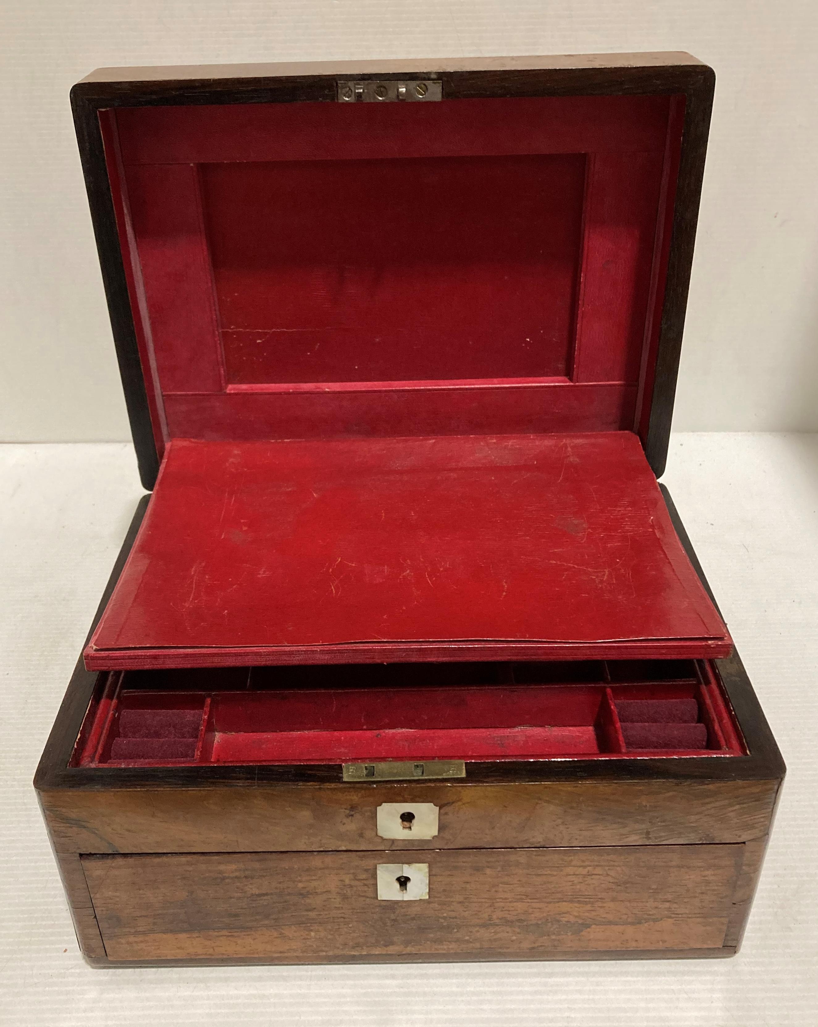 Early 20th Century wooden jewellery box with red leather inserts, lift-top, single-drawer, - Image 5 of 5