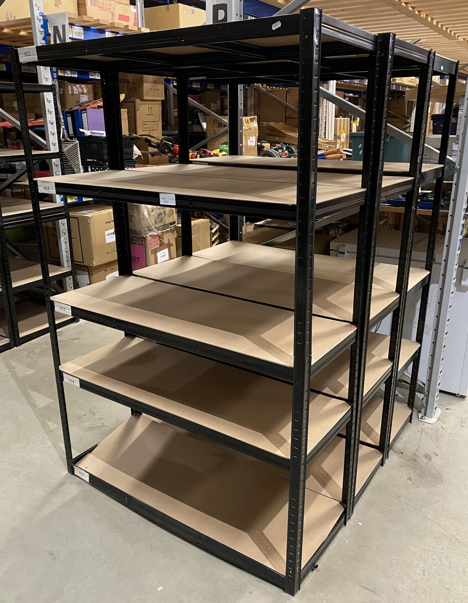 Shelf Racking Boards 6 x black metal hard-board shelved racks (5 shelves), 120cm x 45cm x ...
