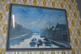 Oil on Canvas Board Dockyard Scene by Dale 1998