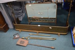 Brass Fireside Implements, Fender, and a Mirrored Fire Screen