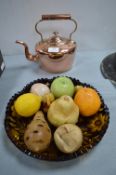 Victorian Copper Kettle, Glass Dish, Artificial Fruit, etc.
