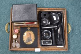 Wooden Tray and Collectibles Including Miniatures, Scent Bottles, and a Dressing Set