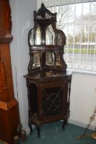 Victorian Mahogany Corner Cupboard with Glazed Cabinet, Mirrored Back Shelves, and Fret Work