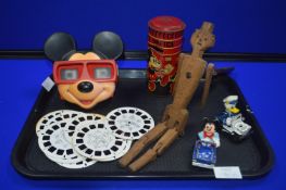 Walt Disney Mickey Mouse View Master with Slides, plus a Moneybox, Cars, and Wooden Toys