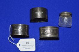 Three Sterling Silver Napkin Rings, and a Glass Pot ~53g total silver weight