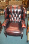 Chesterfield Burgundy Leather Highback Armchair