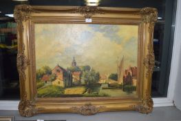 Gilt Framed Oil on Canvas Dutch Canal Scene with Indistinct Signature