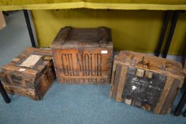 Two Royal Ordnance Ammunition Crates plus a Gilmore of Sheffield Bottle Crate