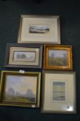 Three Tom Harland Original Oil on Board Landscapes, plus a Watercolour, and a Humber Bridge Print