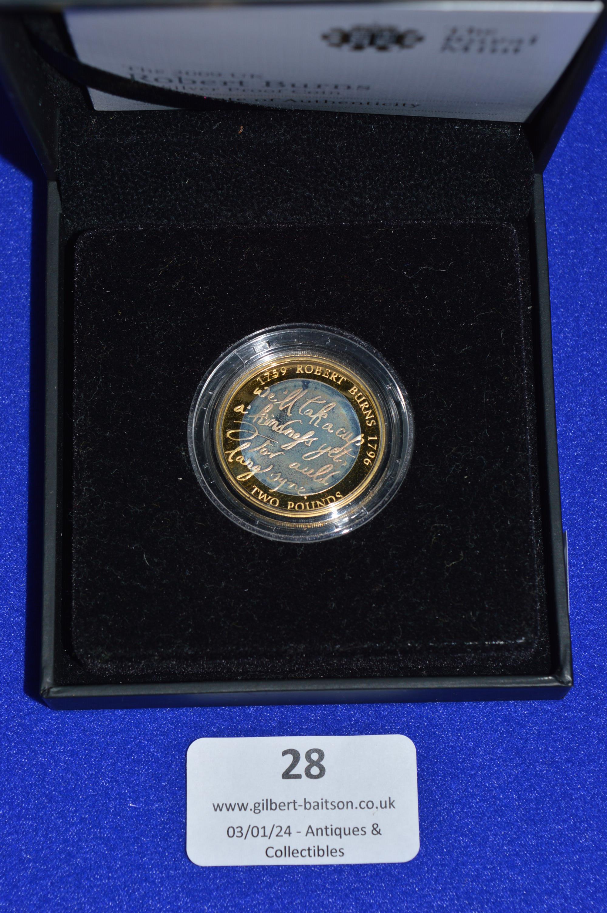 2009 UK Royal Mint Robert Burns £2 Silver Proof Coin 12g with Gold Plating