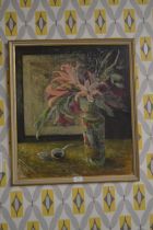 Oil on Board Still Life with Flower Indistinct Sig