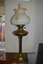 Brass Oil Lamp with White Floral Shade