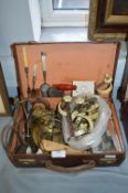 Small Vintage Case Containing Clock Part, Door Furniture, and Collectible Items