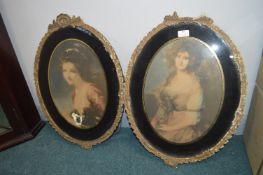 Pair of Git Framed Oval Victorian Prints of Young Ladies