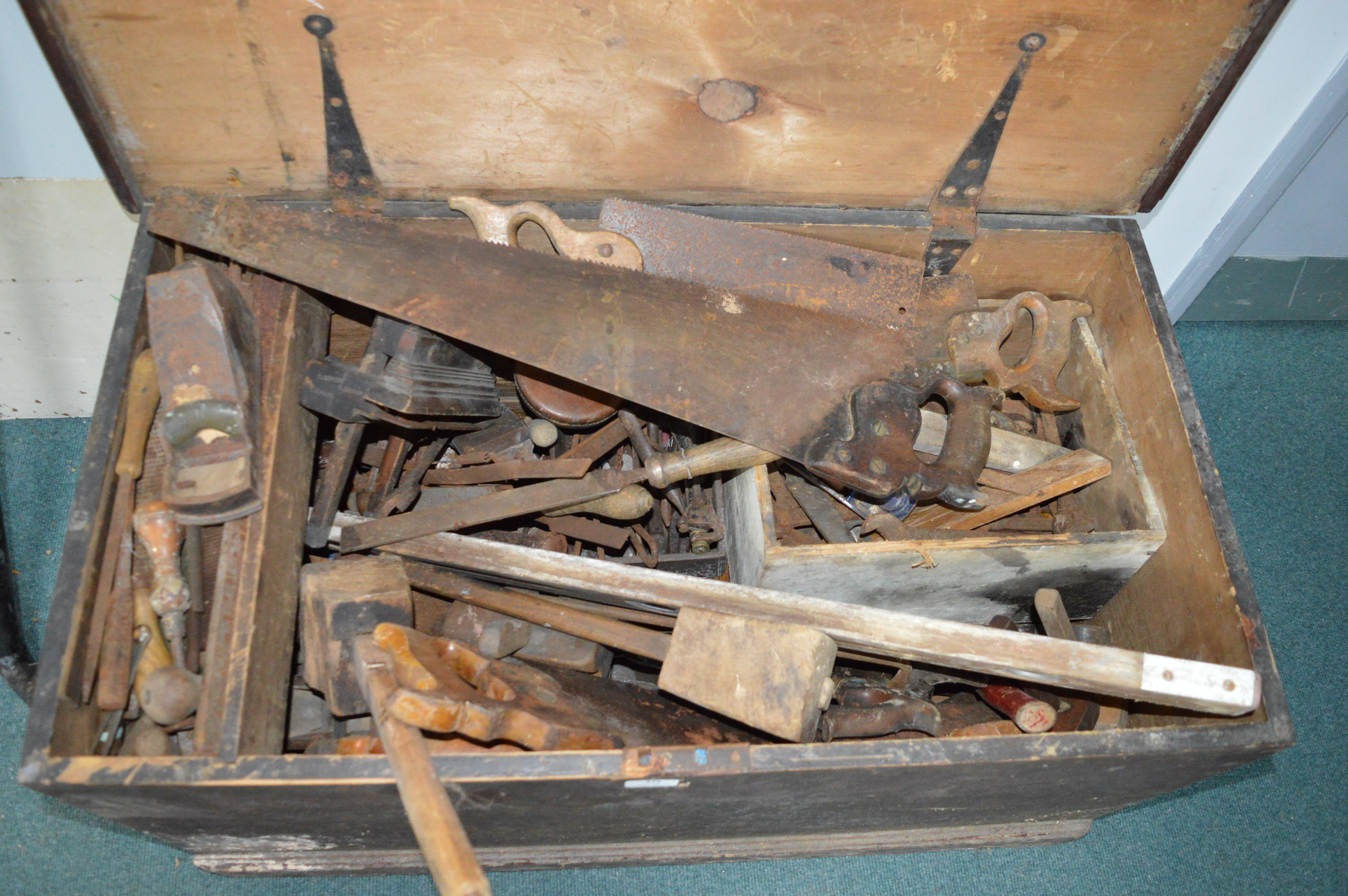 Victorian Blanket Box Containing Wooden Joiners Tools, etc. - Image 2 of 5
