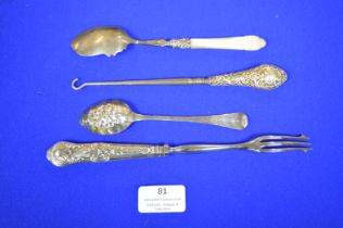 Silver Handled Pickle Fork, Button Hooks, and Spoons