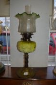 Art Nouveau Style Oil Lamp with Brass Base and Decorative Glass Shade