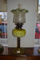 Art Nouveau Style Oil Lamp with Brass Base and Decorative Glass Shade