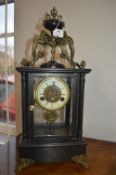 Continental Slate Cased Clock with Enameled Face and Brass Angel Decorations