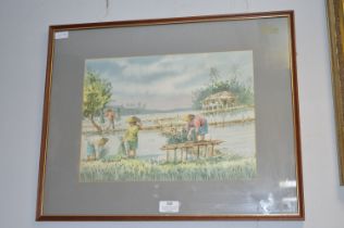 Eastern Watercolour Rice Paddy Scene by A.B. Brahim