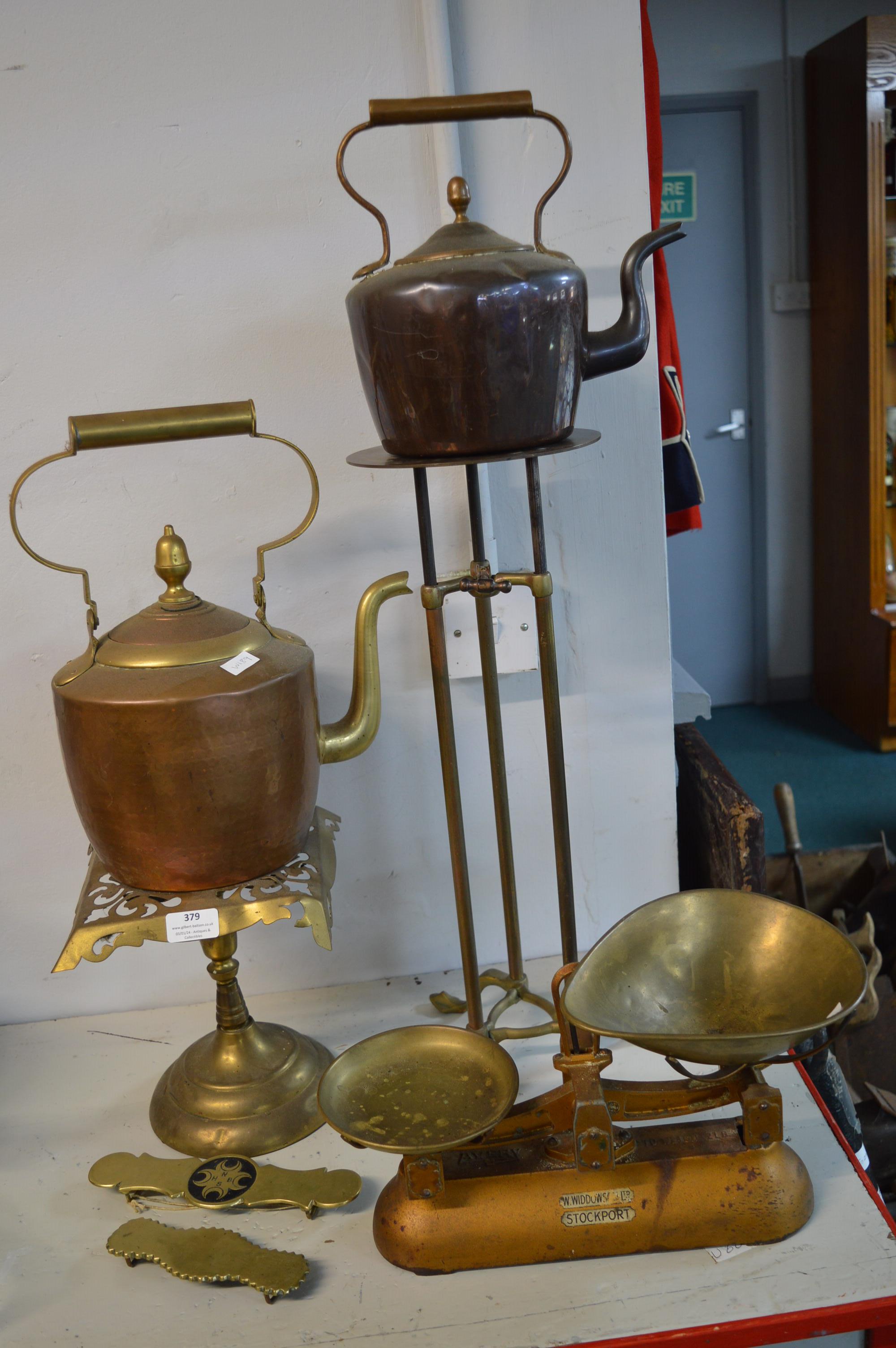 Vintage Kitchen Brassware Including Kettles, Stands, Scales, etc.