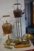 Vintage Kitchen Brassware Including Kettles, Stands, Scales, etc.