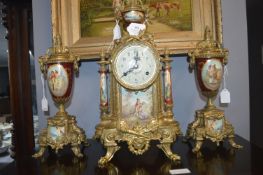 French Enamel & Ormolu Mantel Clock with Garniture