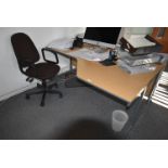 *Light Oak Effect L-Shape Worktable with Righthand Return, and a Brown Swivel Chair
