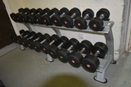 Dumbbell Rack ~205cm long Containing Pairs of Dumbbell Weights Varying from 12.5-37.5kg